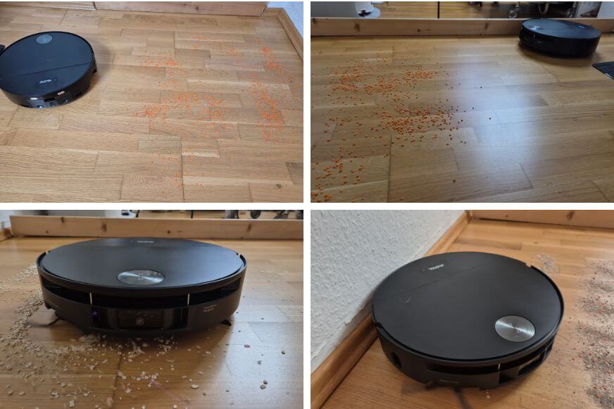 MOVA S70 Roller Saugroboter beim Saugtest auf Hartboden mit verteilten Linsen, Haferflocken und Sand
